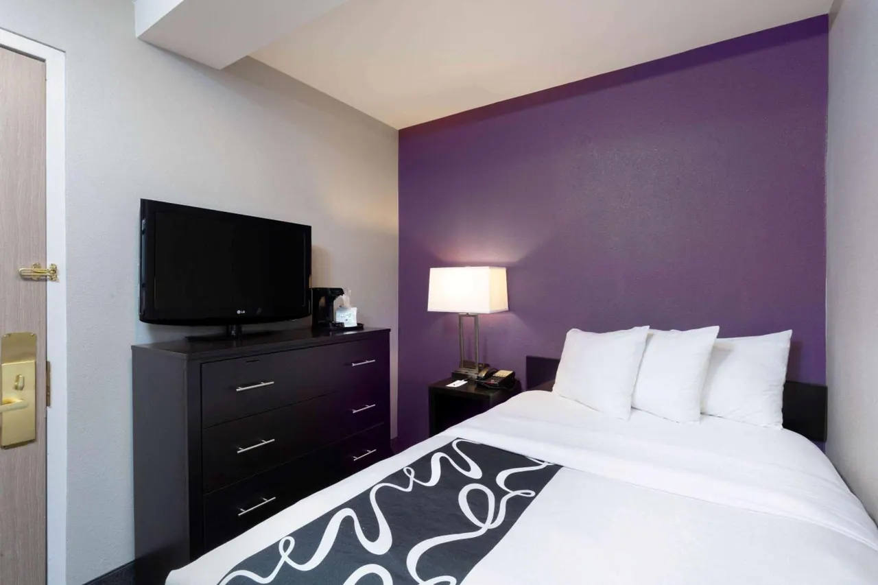 A bedroom with a double bed against a purple accent wall, a flat-screen television on a dark dresser, and a lit bedside lamp.