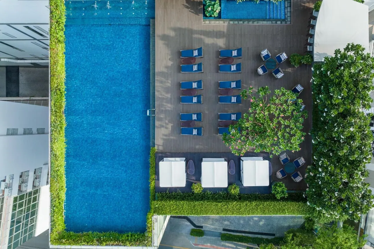 Aerial view of a large blue-tiled swimming pool beside a wooden deck with rows of blue sun loungers, white cabanas and tall trees.