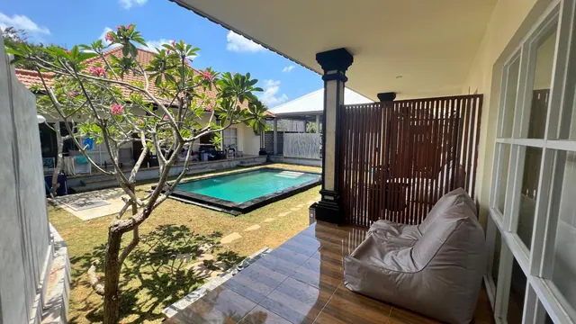 A covered terrace with a bean bag chair overlooks a small swimming pool and a frangipani tree in a garden.