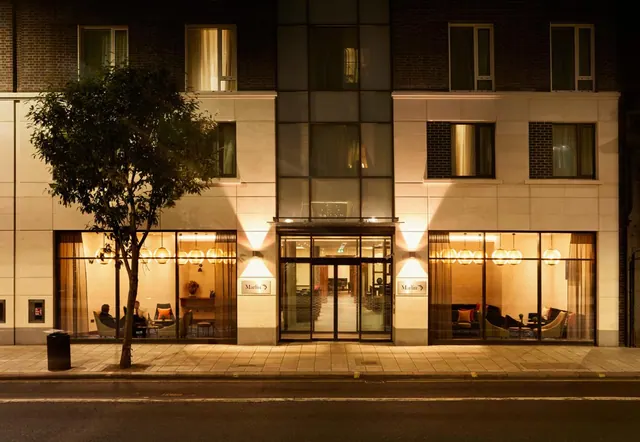Night view of the front of a hotel building with illuminated ground-floor lounge windows, a glass entrance door, and a small tree on the pavement.
