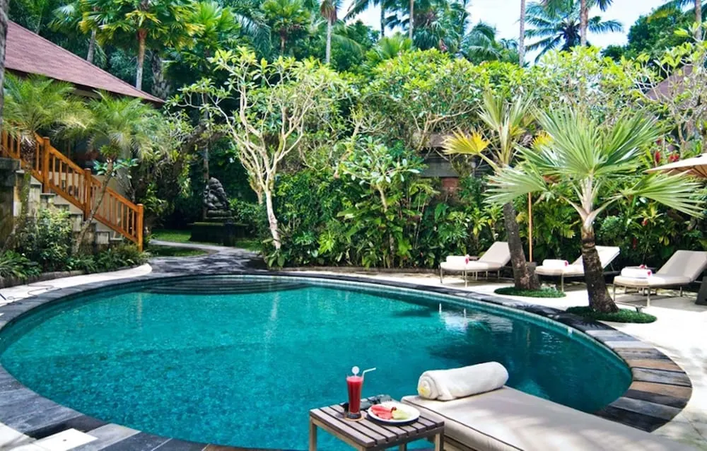 A kidney-shaped swimming pool is surrounded by tropical plants and palm trees, with sun loungers, a rolled towel, and a drink on a small wooden table at the pool edge.