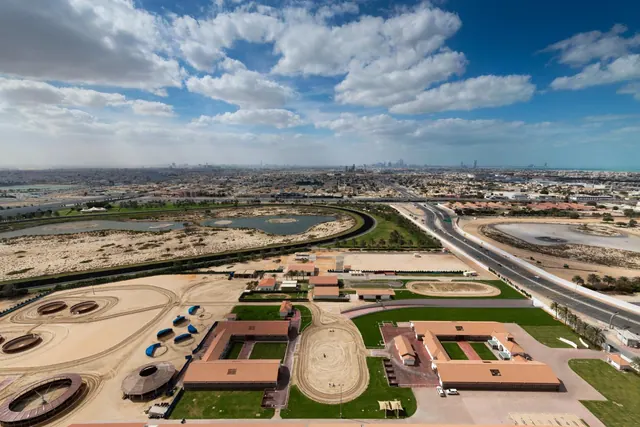 Aerial view over an equestrian complex with sand tracks, stables and round pens, with the city skyline and sea visible in the distance.