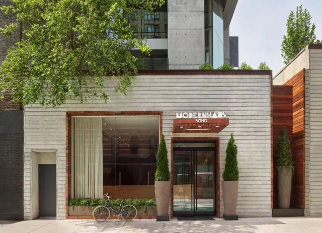 The street facade of the ModernHaus SoHo hotel shows a glass entrance door flanked by potted topiary trees, a large window, and a bicycle parked on the sidewalk.