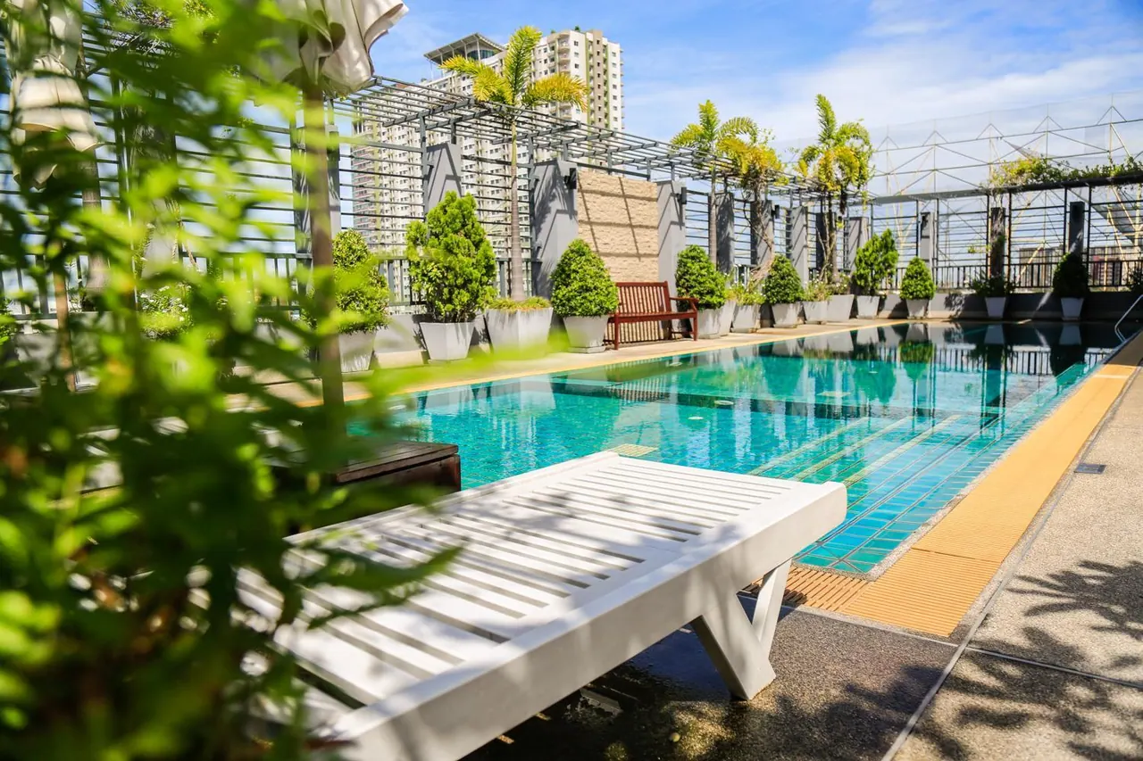 A rooftop swimming pool with a white sun lounger, potted plants and a wooden bench, with high-rise buildings visible behind.