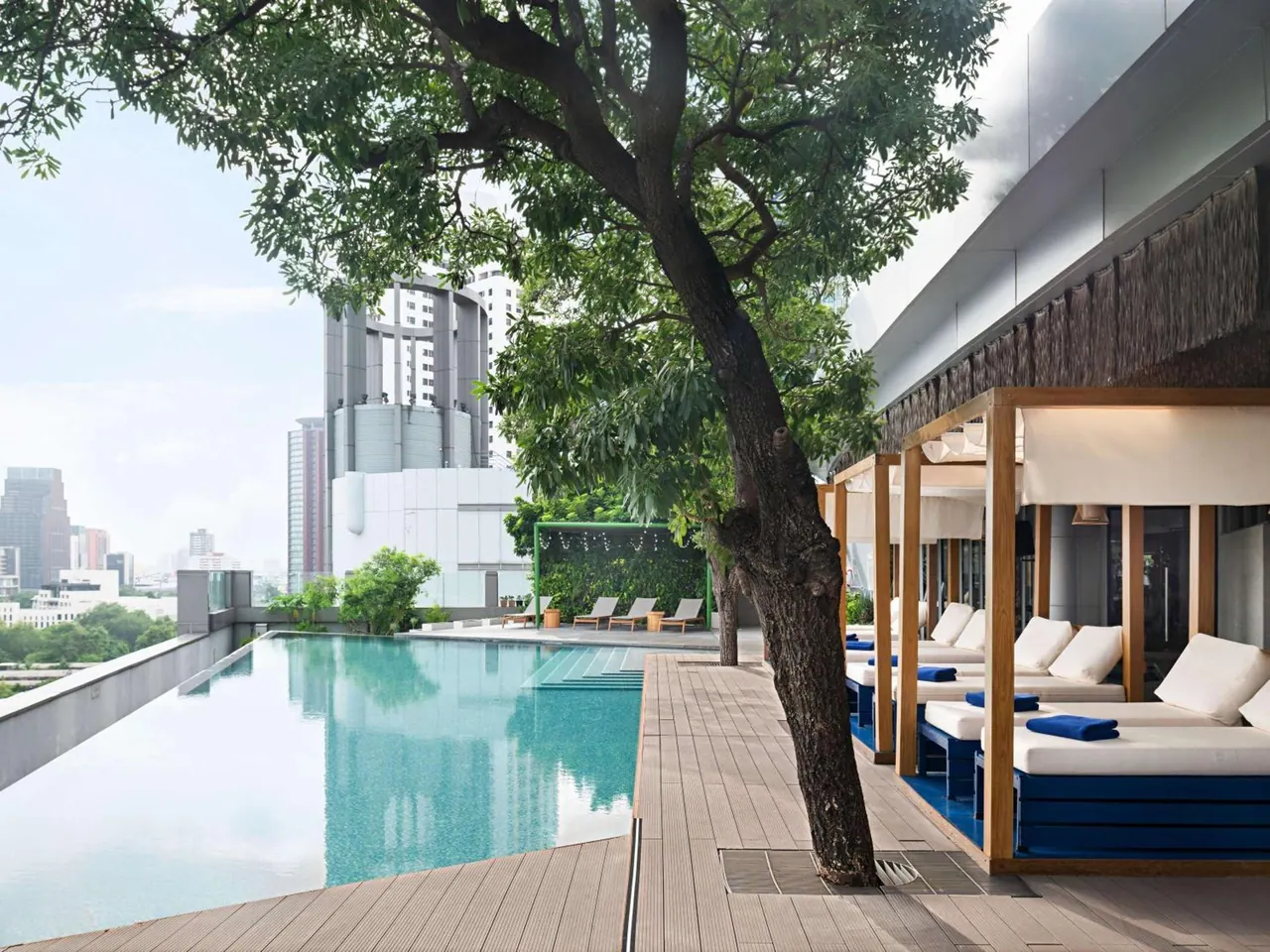An infinity-edge rooftop pool with a large tree, white-cushioned cabanas and sun loungers, with city towers visible beyond.