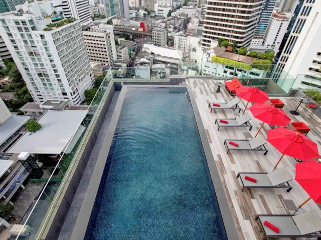 A rooftop swimming pool with red umbrellas and sun loungers overlooks high-rise buildings in the city.