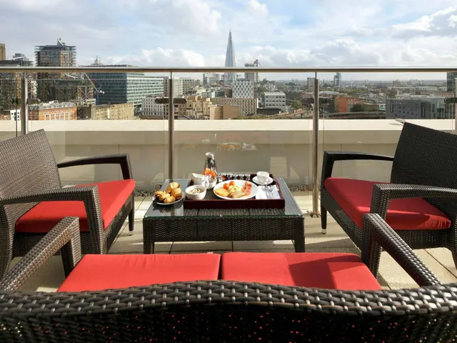 A breakfast tray sits on a glass-topped table on a balcony with red-cushioned wicker chairs, overlooking London with The Shard in the distance.