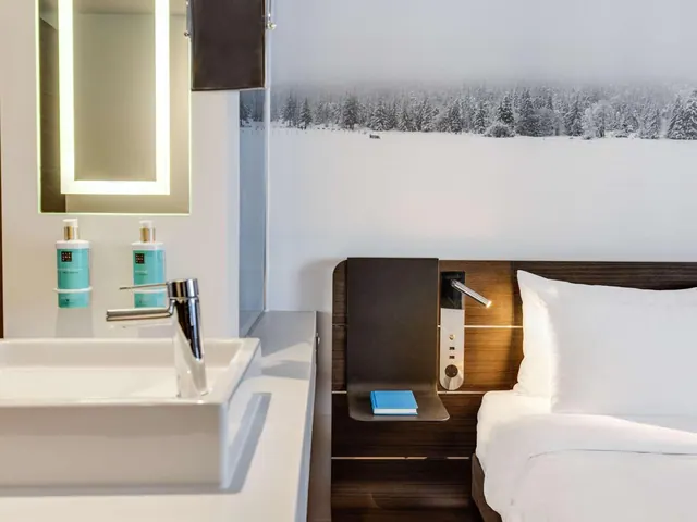 A white basin with a chrome tap, two toiletry bottles and an illuminated mirror sit beside a made bed with a blue notebook on the bedside shelf, under a wall mural of a snowy forest.