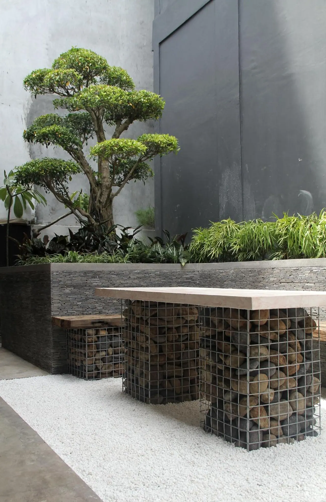 A courtyard with a wire-cage stone table and bench, a clipped tree and a planted wall on white gravel.