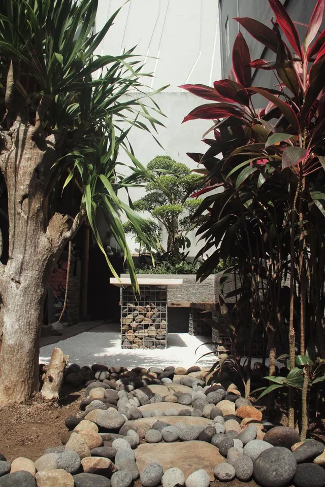 A walled courtyard garden with a river-stone path, white gravel, a gabion planter and tall tropical plants.