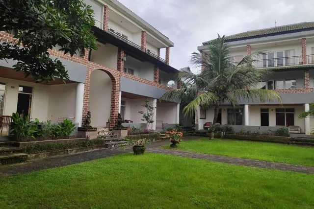 A courtyard between two-storey buildings with a trimmed lawn, a palm tree, potted plants and paved paths under an overcast sky.