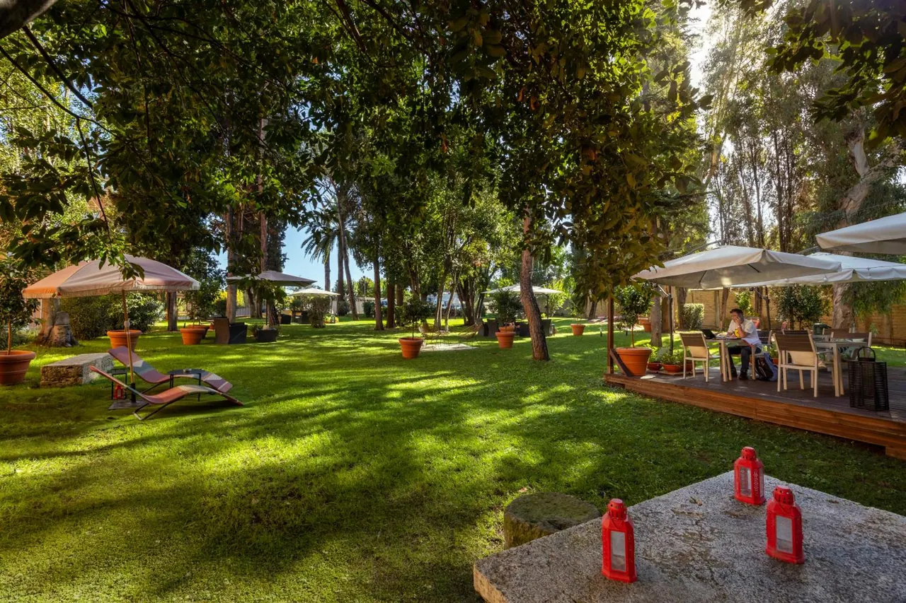 A grassy garden with shaded sun loungers and parasol-covered dining tables on a timber deck, with one person seated at a table beneath tall trees.