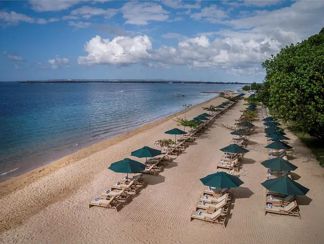 Aerial view of a sandy beach with rows of sun loungers and green umbrellas beside calm blue sea.