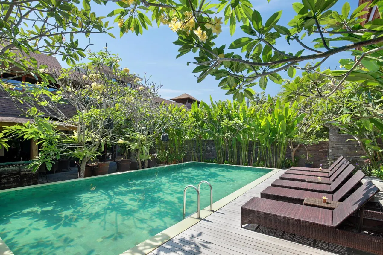 A rectangular teal swimming pool sits beside a timber deck with wicker sun loungers, framed by frangipani branches and tall green plants.