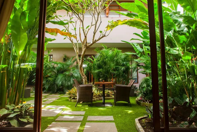 View through open dark-framed glass doors onto a courtyard garden with a lawn, stepping stones, wicker chairs and a small table beneath a frangipani tree, surrounded by tropical plants.