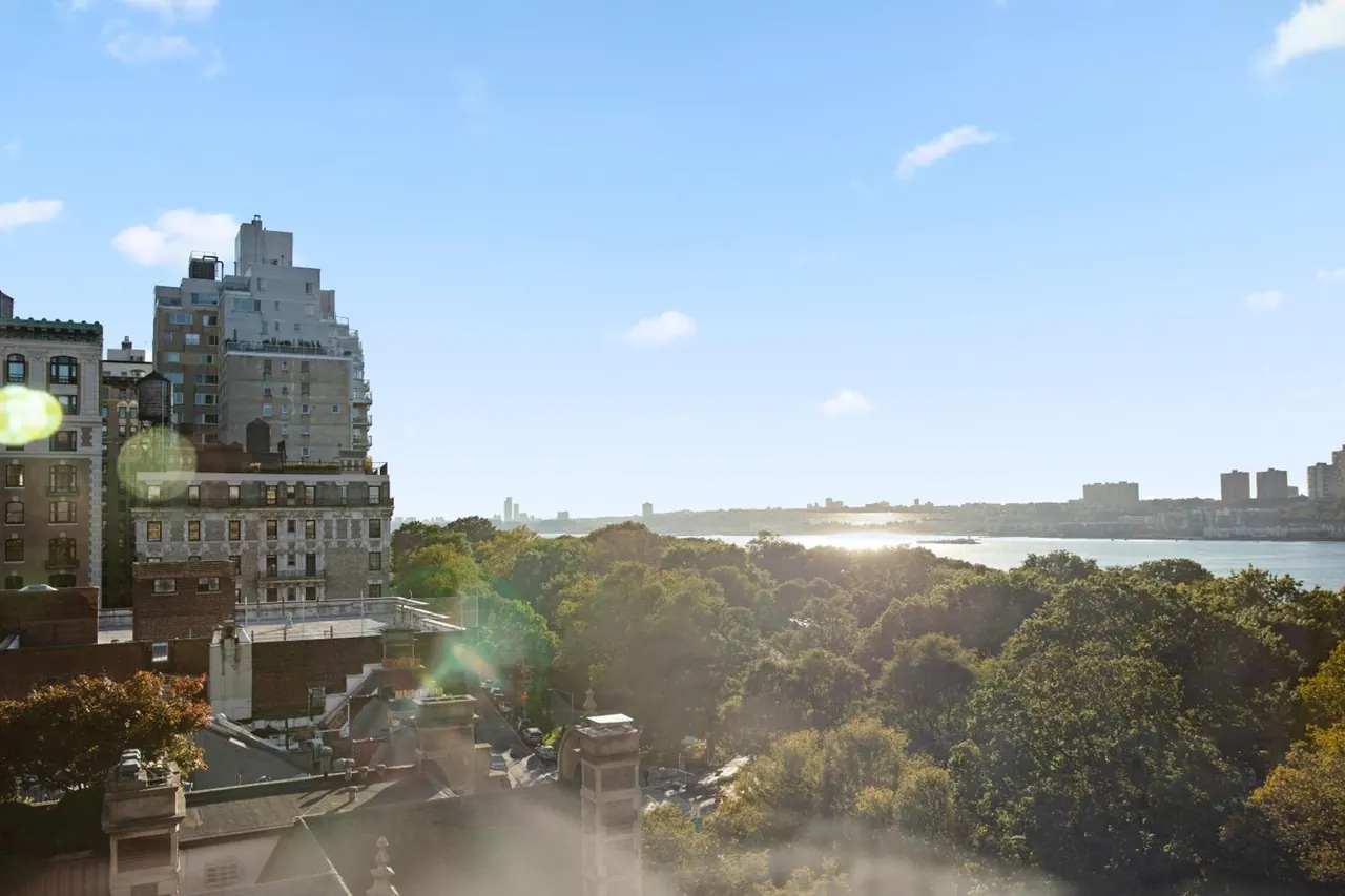 An elevated view over dense treetops and a wide river toward distant city buildings under a clear blue sky.