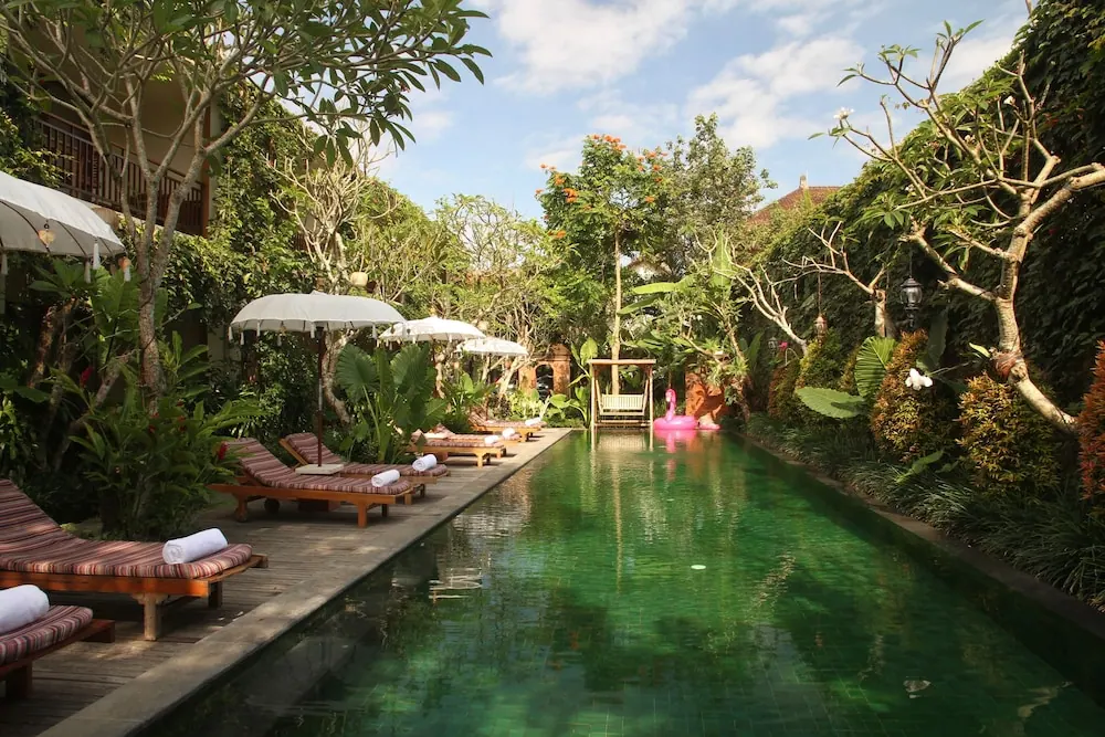 A long green swimming pool with sun loungers, white parasols and a pink flamingo float, set among tropical plants.