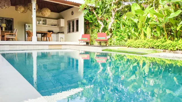 A turquoise swimming pool with red lounge chairs beside it, a covered outdoor kitchen and dining area under a pavilion, and lush tropical plants behind.