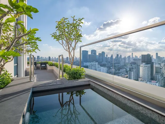 A small plunge pool on a rooftop terrace with a glass railing overlooks a city skyline of high-rise buildings under a partly cloudy sky.