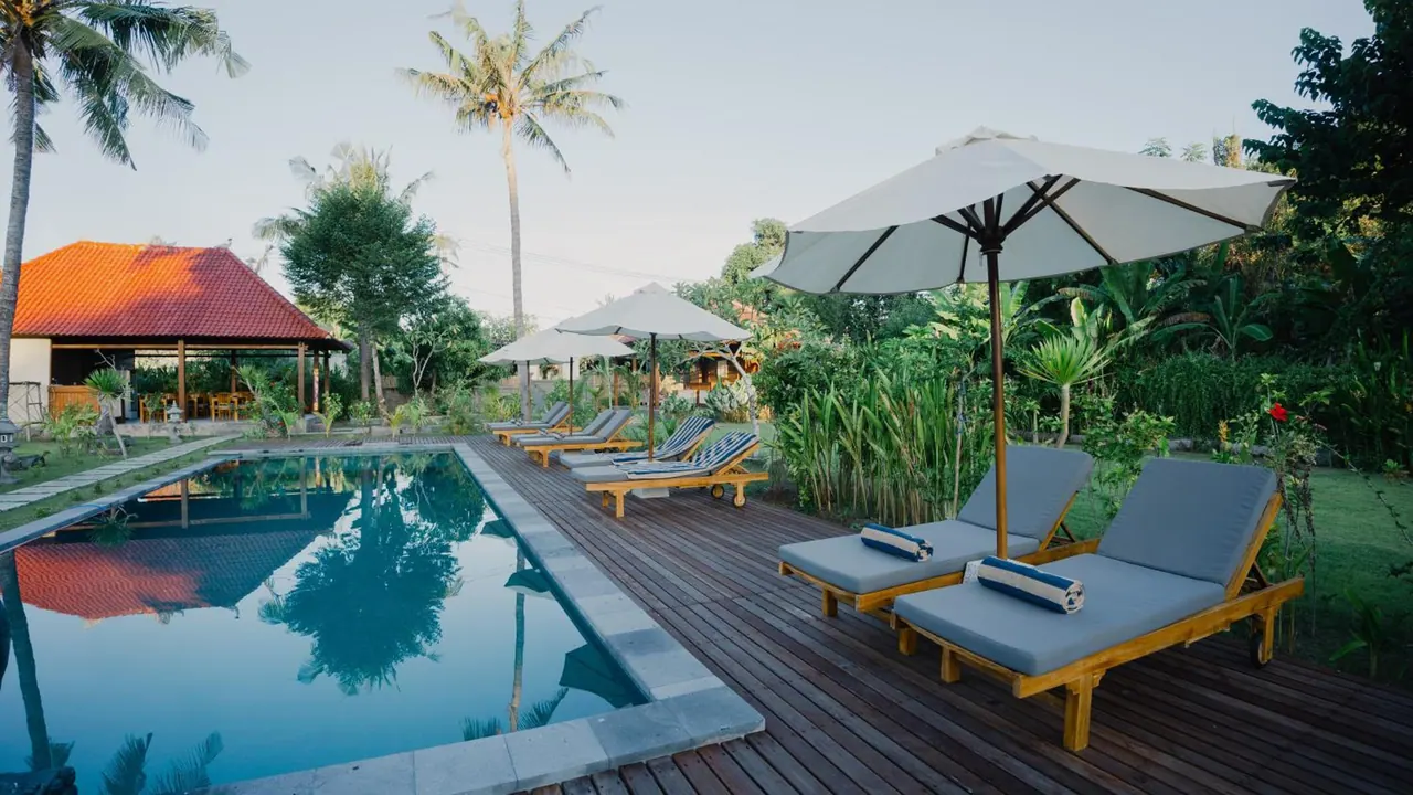 A rectangular swimming pool sits beside a wooden deck with grey sun loungers and parasol umbrellas, with palm trees and greenery behind.