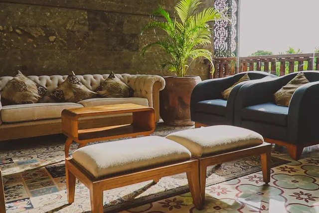 A lounge seating area with a tufted sofa, dark armchairs, wooden ottomans, a potted palm and a window onto trees.