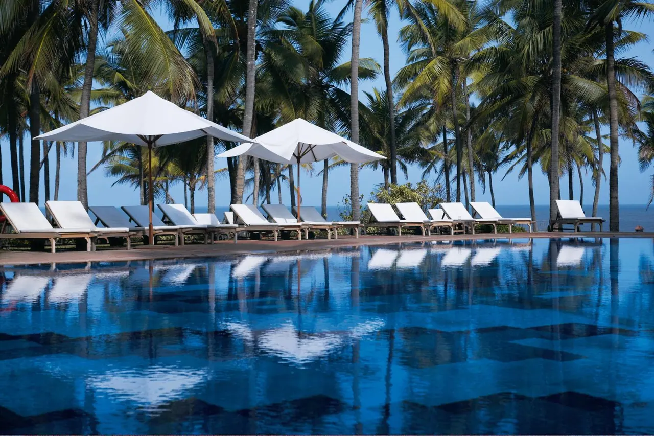 A large pool with loungers and umbrellas overlooks the sea among tall palm trees.