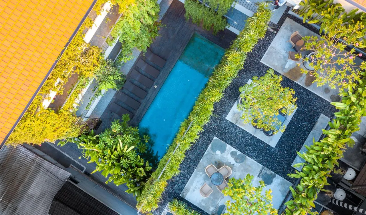 Aerial view of a long rectangular pool with dark wooden steps, surrounded by tall planting, dark gravel and paved seating areas.