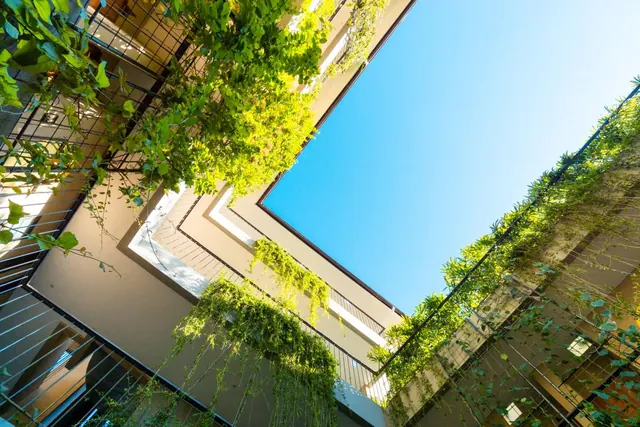Looking up from a courtyard at a multi-level building with climbing plants on its railings and a clear blue sky above.