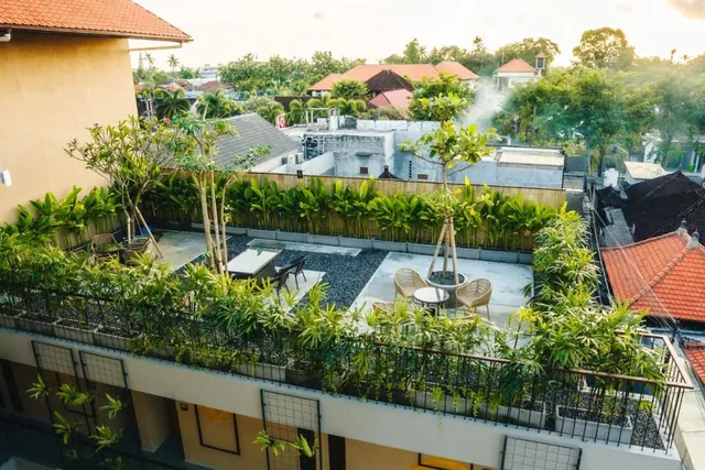Elevated view of a rooftop terrace with potted plants, gravel, a table and wicker chairs, with nearby trees and rooftops beyond.