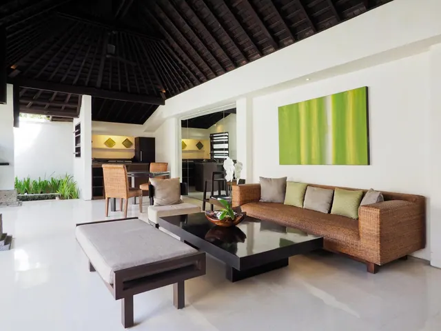 An open-plan living area with a rattan sofa, a dark coffee table, a green wall painting and a kitchen area visible in the background, under a dark timber pitched roof.