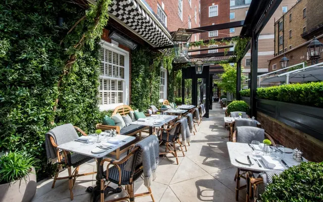 An outdoor dining terrace with set marble tables and rattan chairs, lined by a wall of ivy with brick buildings behind.
