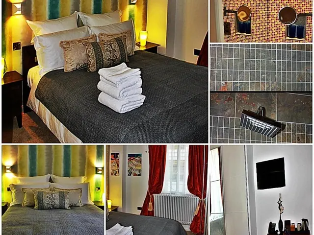 A collage of several photos shows a bedroom with a made double bed and folded towels, a tiled shower, a wall-mounted television, and red curtains by a radiator.