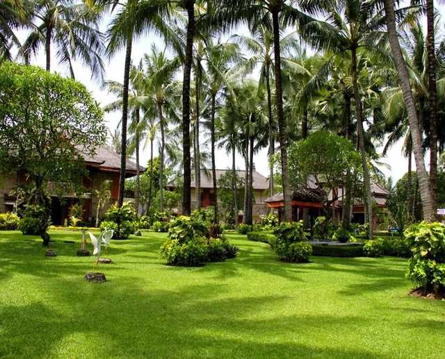 A manicured green lawn with tall palm trees, frangipani-style trees, and low Balinese-style buildings with tiled roofs in the background.