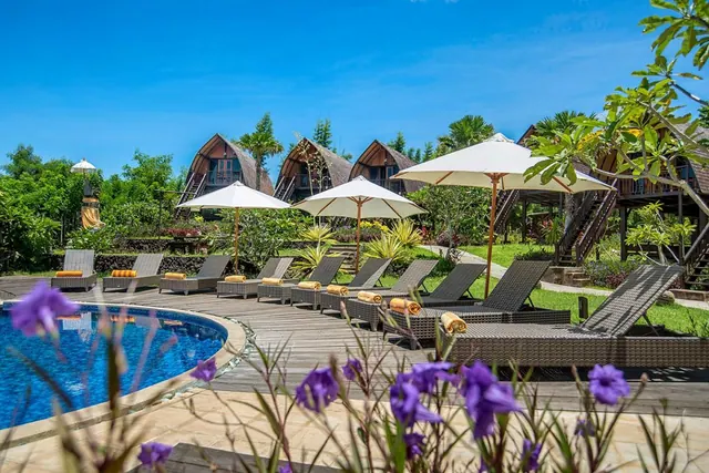 A curved pool with a wooden deck, sun loungers with orange towels and white parasols, and thatched bungalows in the garden behind.