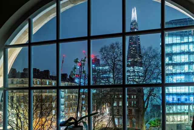 Through a large arched window at night, The Shard rises above lit office buildings, cranes and bare trees, with a potted orchid in the foreground.