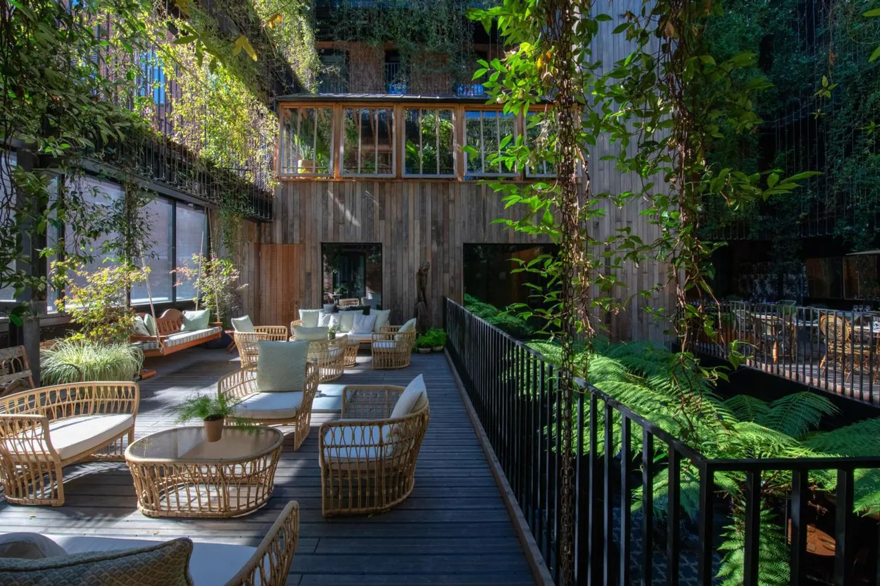 An outdoor timber terrace with wicker armchairs, sofas and a glass-topped coffee table, surrounded by ferns, climbing plants and a wooden building facade.
