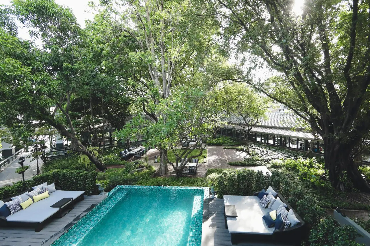 A rectangular pool with teal tiles sits beside two cushioned daybeds on a timber deck, with tall trees and garden beyond.