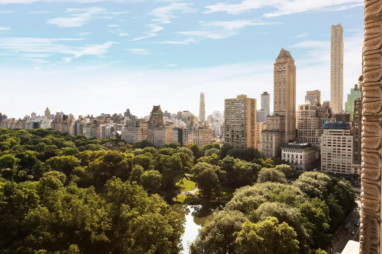 A view over Central Park and its pond toward a skyline of tall residential and office towers, with a carved stone edge in the right foreground.