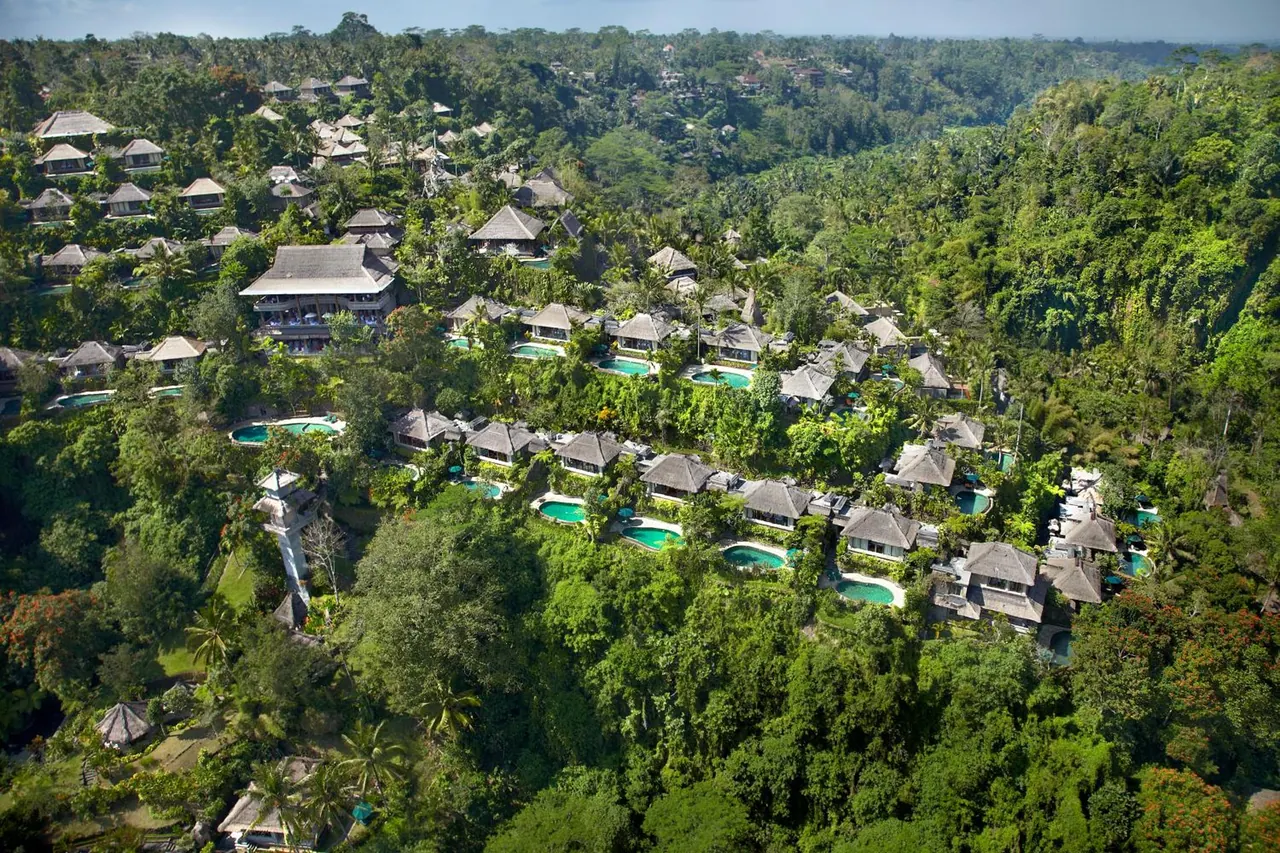 Aerial view of a resort with thatched-roof villas and small swimming pools surrounded by dense jungle.