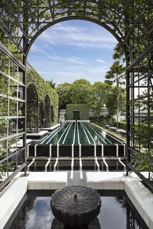 A long lap pool with lane lines is framed by an arched metal trellis covered in climbing plants, with palm trees and sun loungers beyond and a dark bowl-shaped water feature in the foreground.