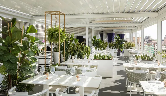 A rooftop restaurant with white tables, chairs and wine glasses under a louvred roof, with potted plants and glass walls overlooking rooftops.