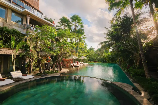 A turquoise pool with white sun loungers and umbrellas, surrounded by tall palm trees and tropical greenery, with a multi-storey building on the left.