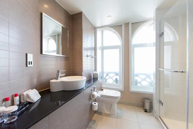 A bathroom with a single white basin on a dark countertop, a toilet, a glass-walled walk-in shower and two arched windows.