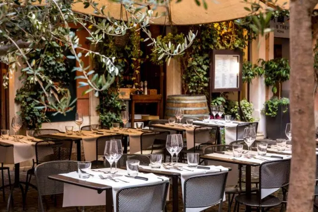 An outdoor courtyard restaurant with laid tables, white tablecloths and wine glasses, shaded by an olive tree and a canvas awning, with ivy-covered walls behind.