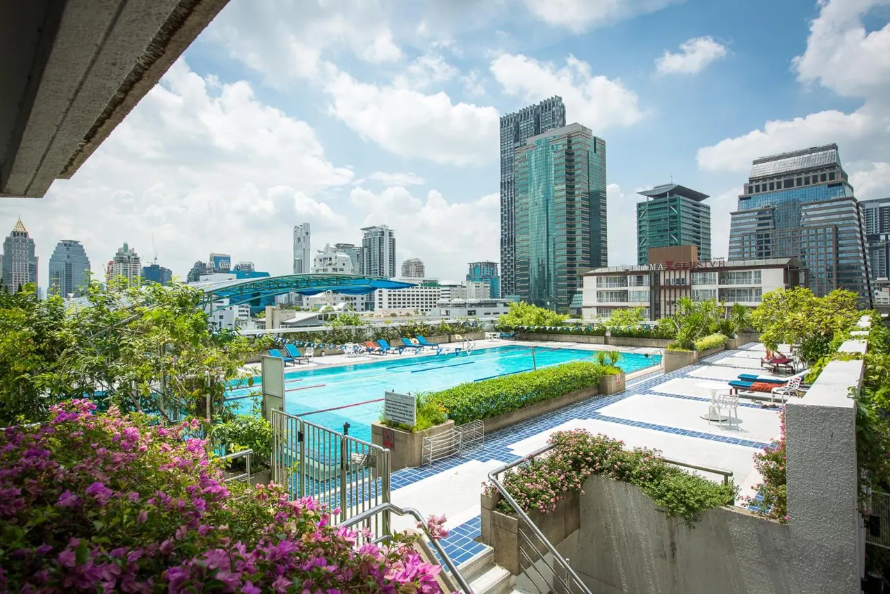 A rooftop swimming pool with sun loungers and pink bougainvillea in the foreground, with high-rise towers visible behind.