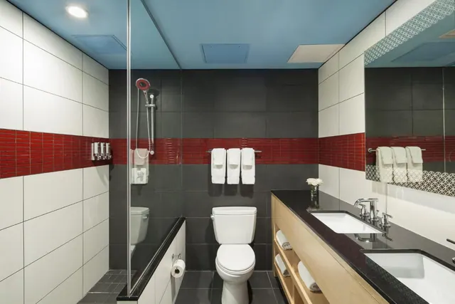 A bathroom with a walk-in shower, a toilet, and a double vanity with two sinks under a blue ceiling.