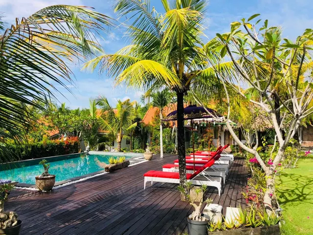 A wooden deck beside a swimming pool with red-cushioned sun loungers, a parasol and palm trees.