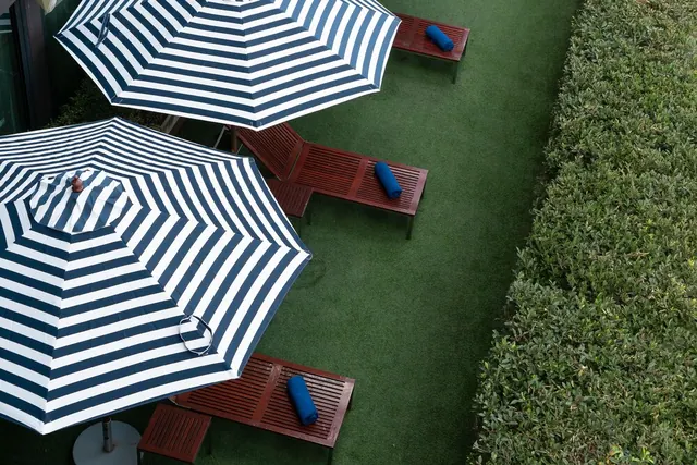 Overhead view of blue and white striped umbrellas and wooden sun loungers with blue cushions on artificial turf beside a clipped hedge.