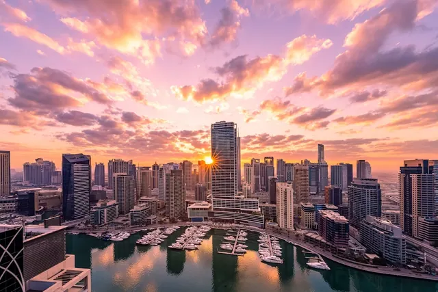 Elevated view over a marina with moored yachts and high-rise towers at sunset, with the sun setting behind a tall building.