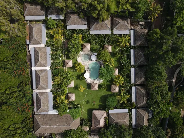 Aerial view of a resort with a freeform pool, a small hot tub, and rows of thatched-roof villas among gardens and trees.